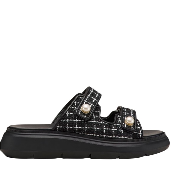 Stuart Weitzman Goldie Sports Slide Black and White Tweed with Pearl Details - Picture 7 of 7